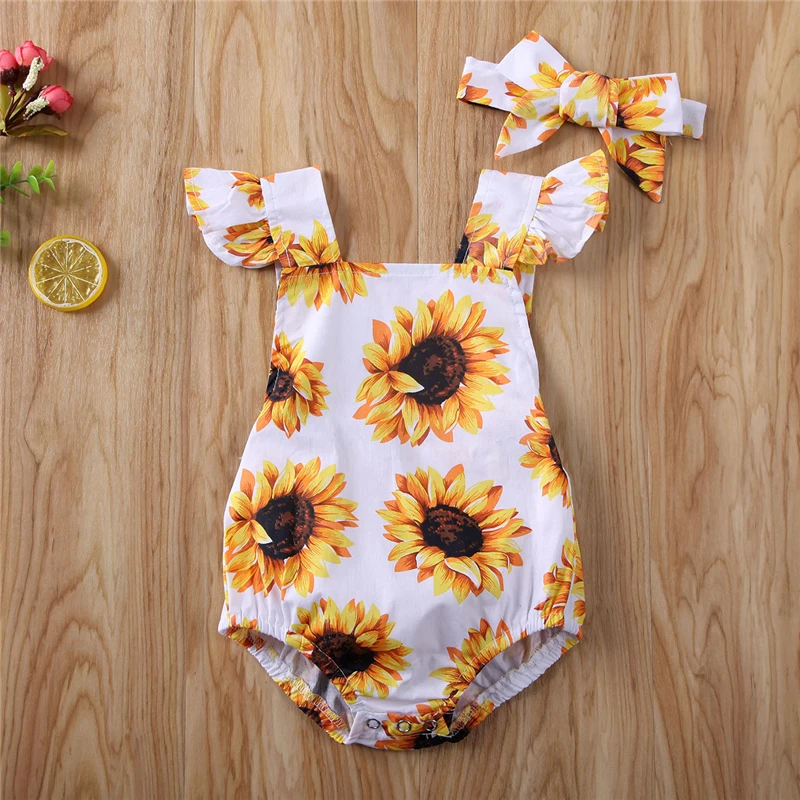 

2020 Baby Summer Clothing Newborn Baby Girl Sunflower Jumpsuit Clothes Bodysuit Headband Backless Outfits