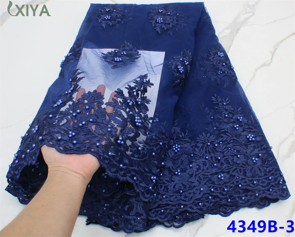 

Navy Blue African French Tulle Lace Fabric with Beads High Quality Nigerian Net Mesh Lace Fabrics for Wedding Party APW4349B