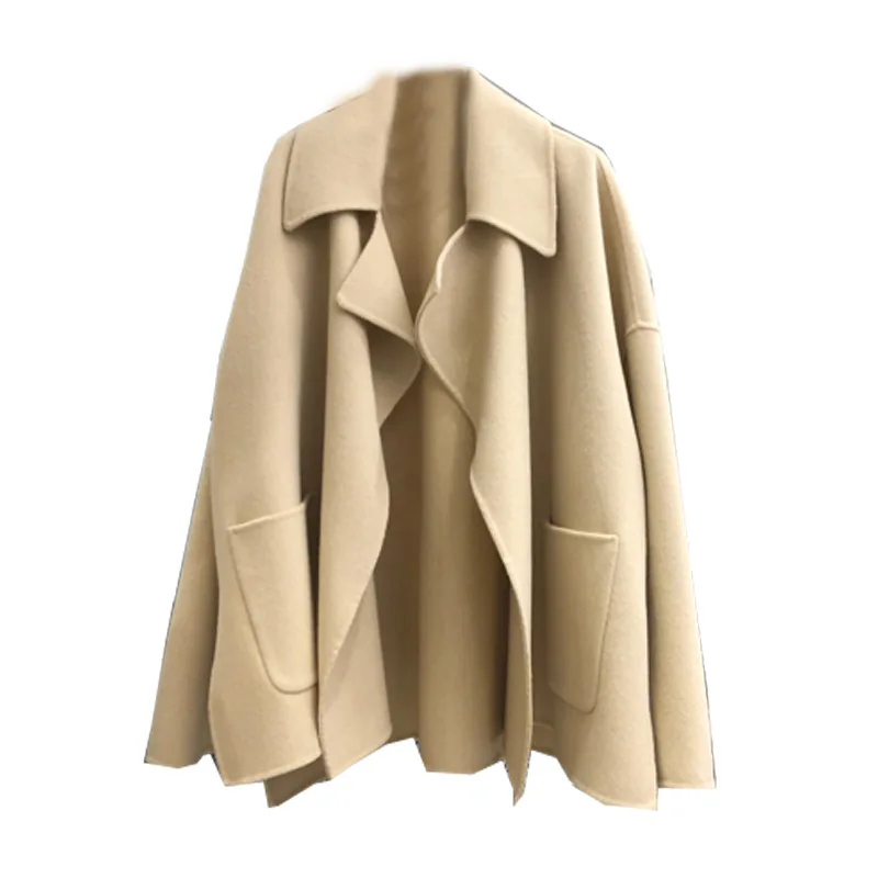 

2020 autumn and winter new solid color simple lapel loose mid-length woolen coat jacket female trend