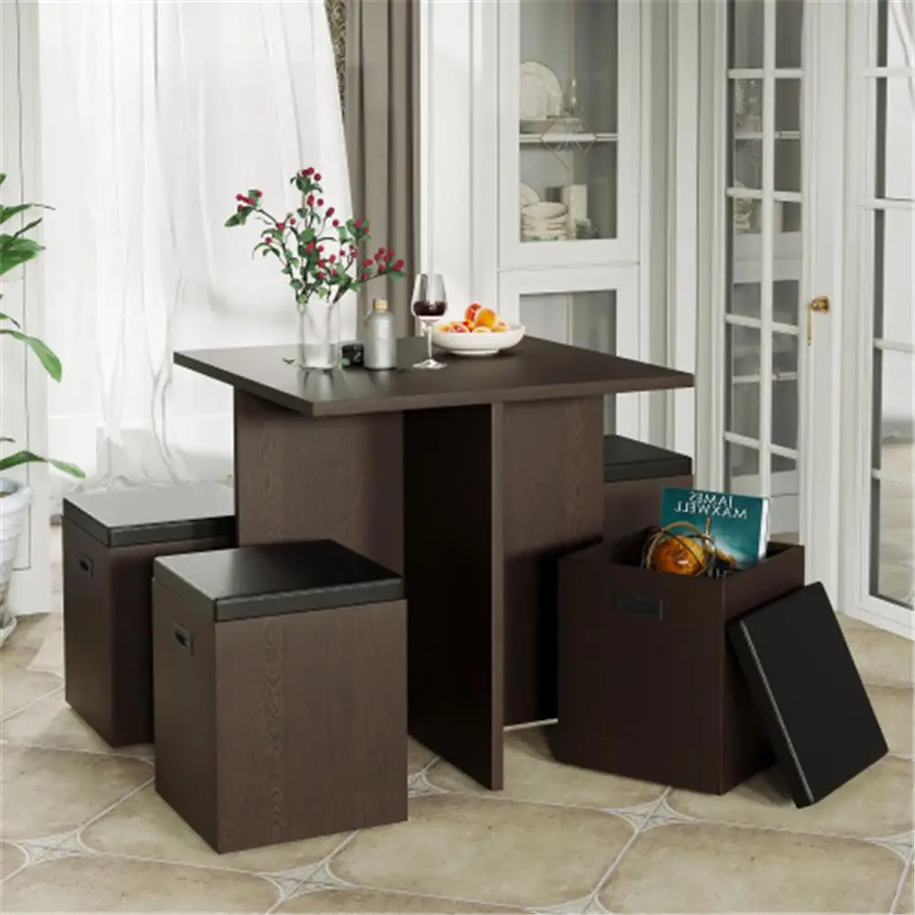 

5pcs/set Dining Chair Set 4 Footstool With Storage Artificial Wooden Table