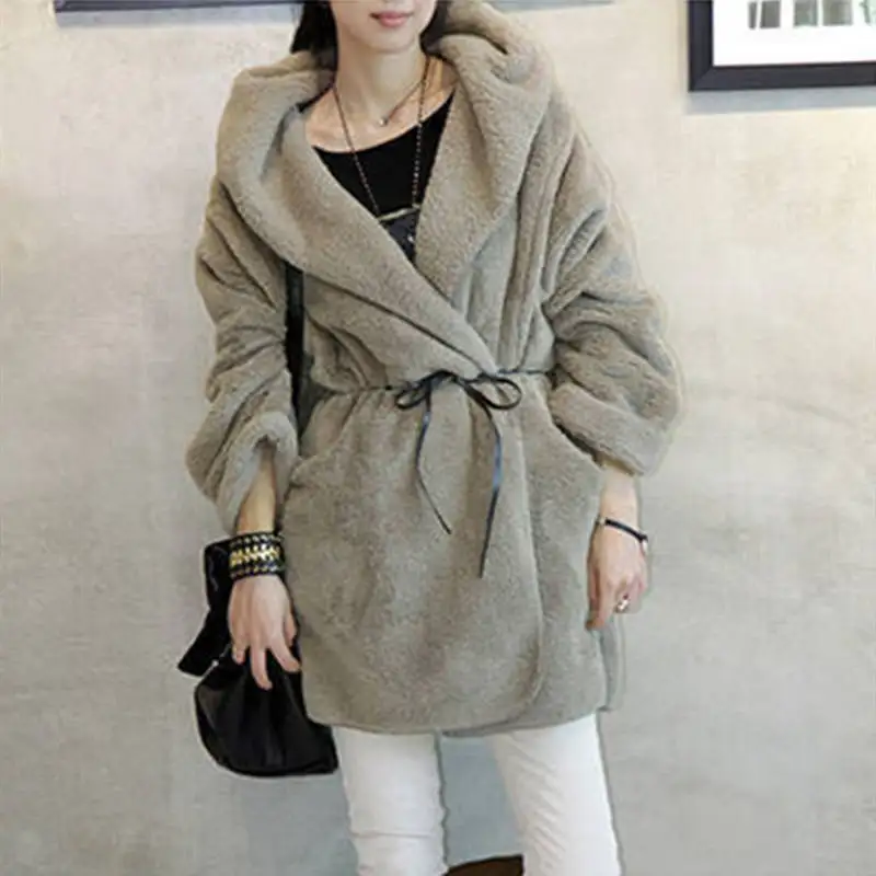 Winter Cotton Women's Coat Hooded Long Sleeve Cardigan Sashes Loose Solid Thick Fashion Office Lady Coat Parkas