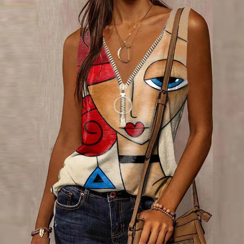 

Summer Harajuku Cartoon Face Printed T-Shirts Fashion Women Sleeveless Loose Vest Tops Casual V Neck Zipper Tee Shirt Streetwear