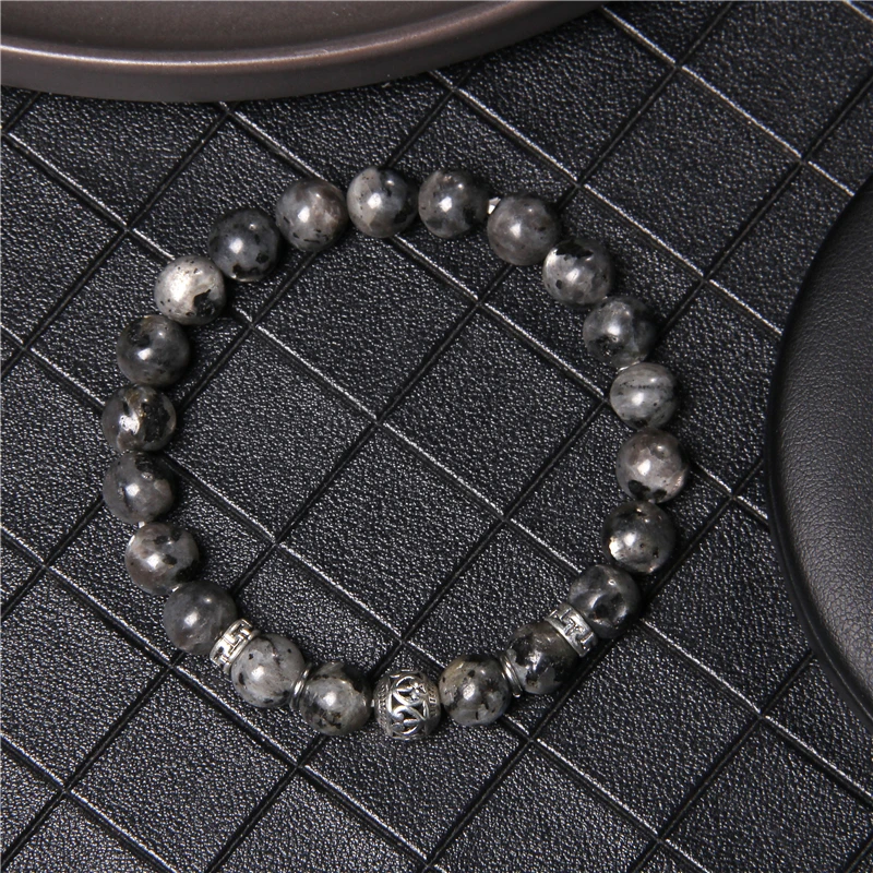 

African Turquois Bracelets Men 8 mm Natural Stone Beads Mala Bangle Stretch Jewelry Silver Color CZ Charm Pulsera For Couples