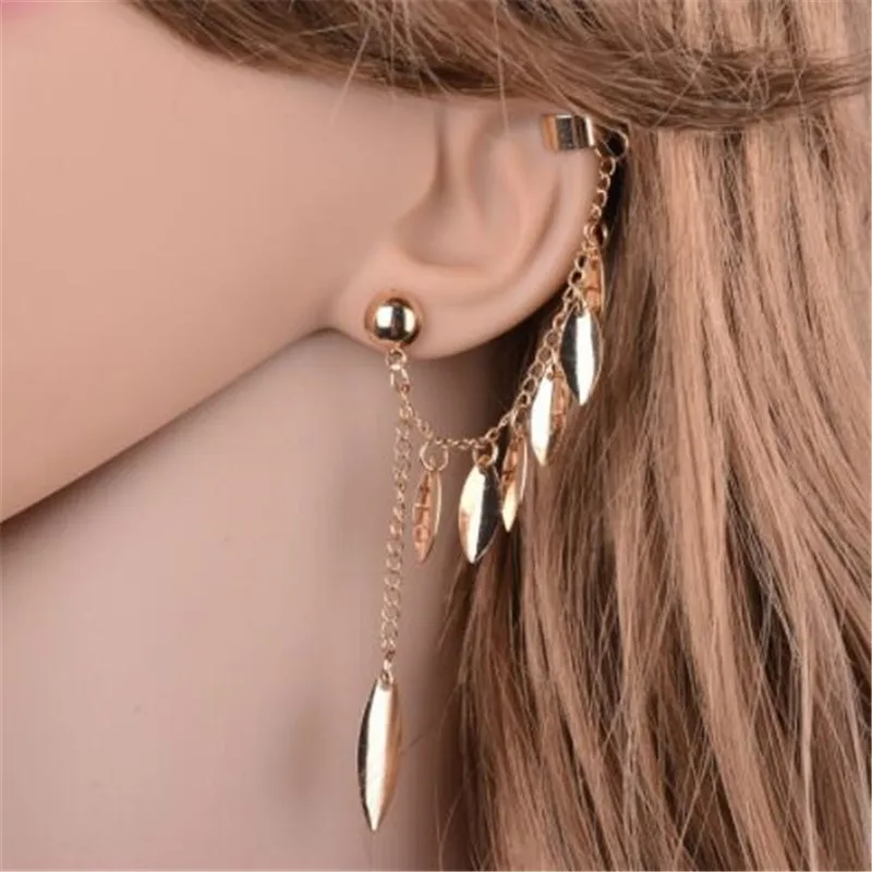 

WKOUD 1pc New Fashion Women Girl Punk Rock Leaf Chain Tassel Dangle Cuff Earrings Charms Metallic Wrap Ear Cuff Earrings