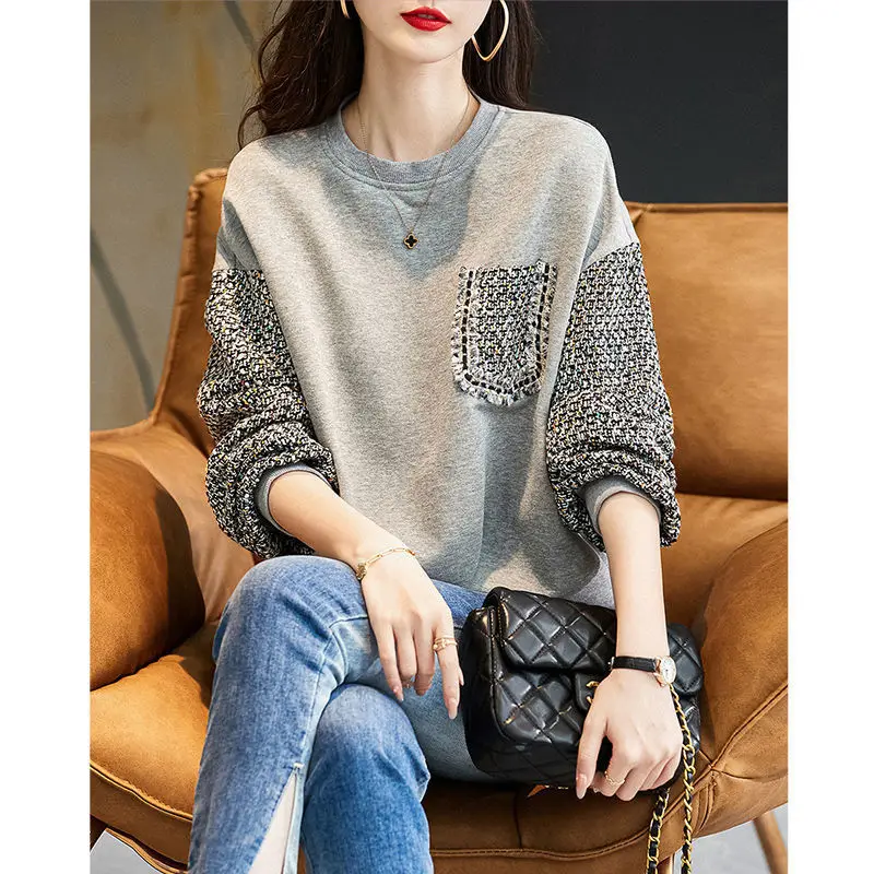 

Gray Round-Collar Sweater Women 'S Spring And Autumn Thin 2021 New Trendy Casual Slimming Loose Patchwork Pullover M-3XL