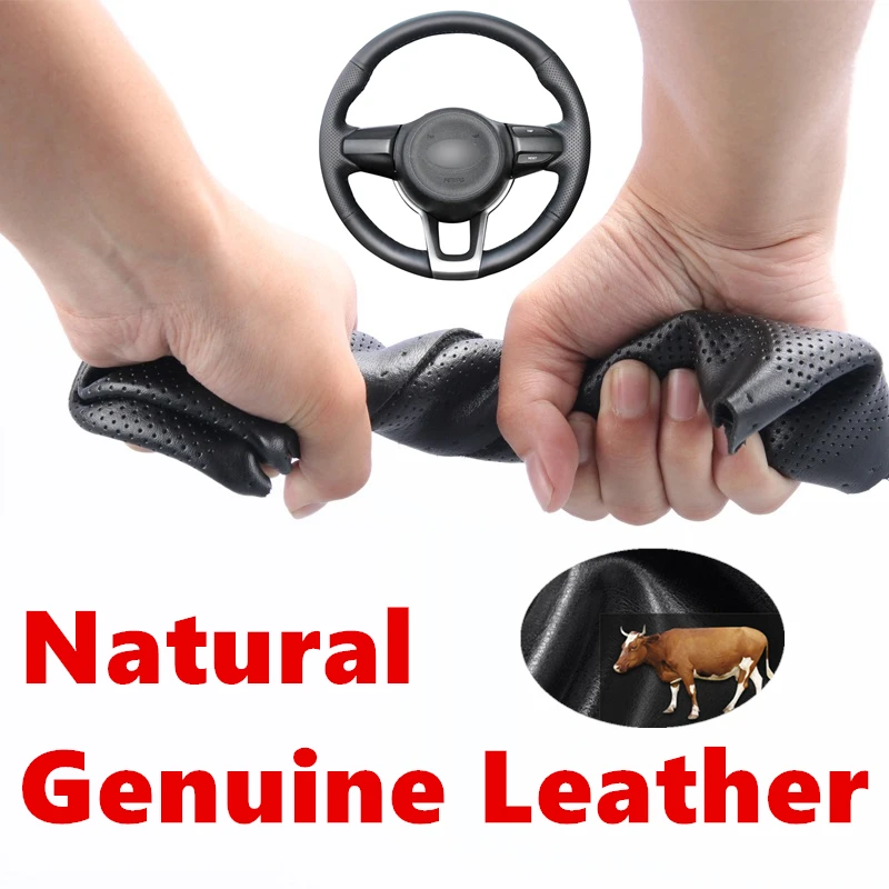 Hand stitched Genuine Calfskin Leather Anti-slip Car Steering Wheel Cover for Kia Rio 2017-2019 Rio5 2019 K2 Picanto Morning