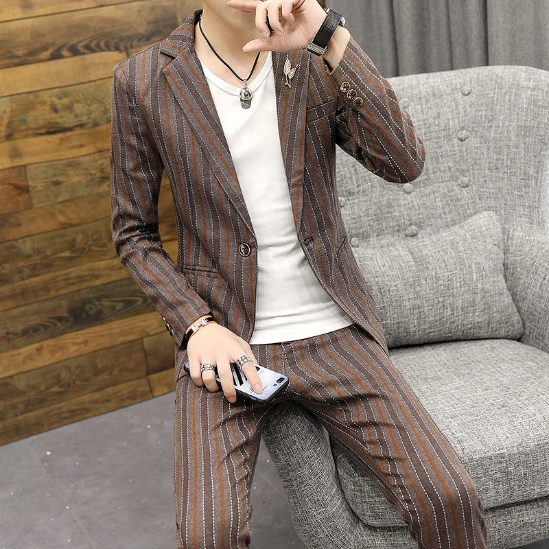 2020 мужской костюм в Вертикальную Полоску красивый жениха свадебное платье два