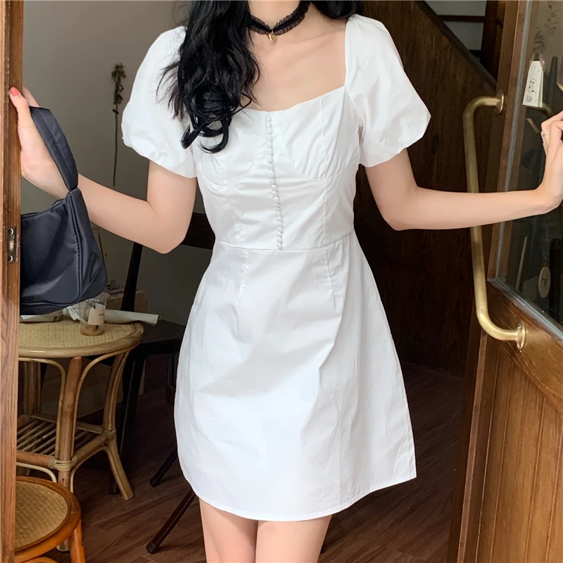 

Elegant White Ladies Dresses Japanese 2021 New Summer Women Streetwear Preppy Style Gothic Square Collar Puff Sleeve Mini Dress