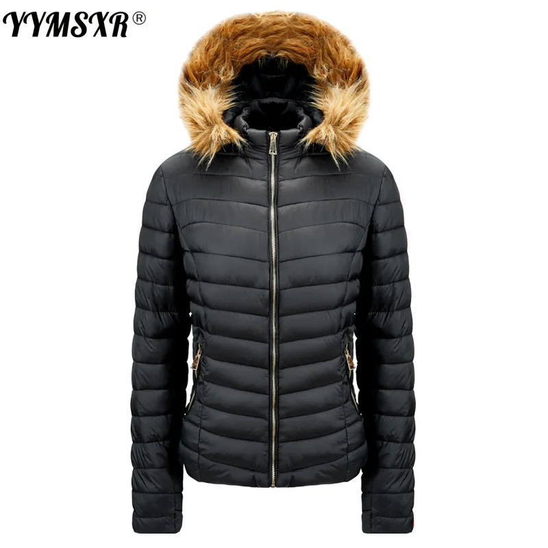 

Women Winter Coat 2021 New Style Simple and Fashionable Striped Slim-fit Hooded Fur Collar Down Cotton Warm Cotton Jacket Casual