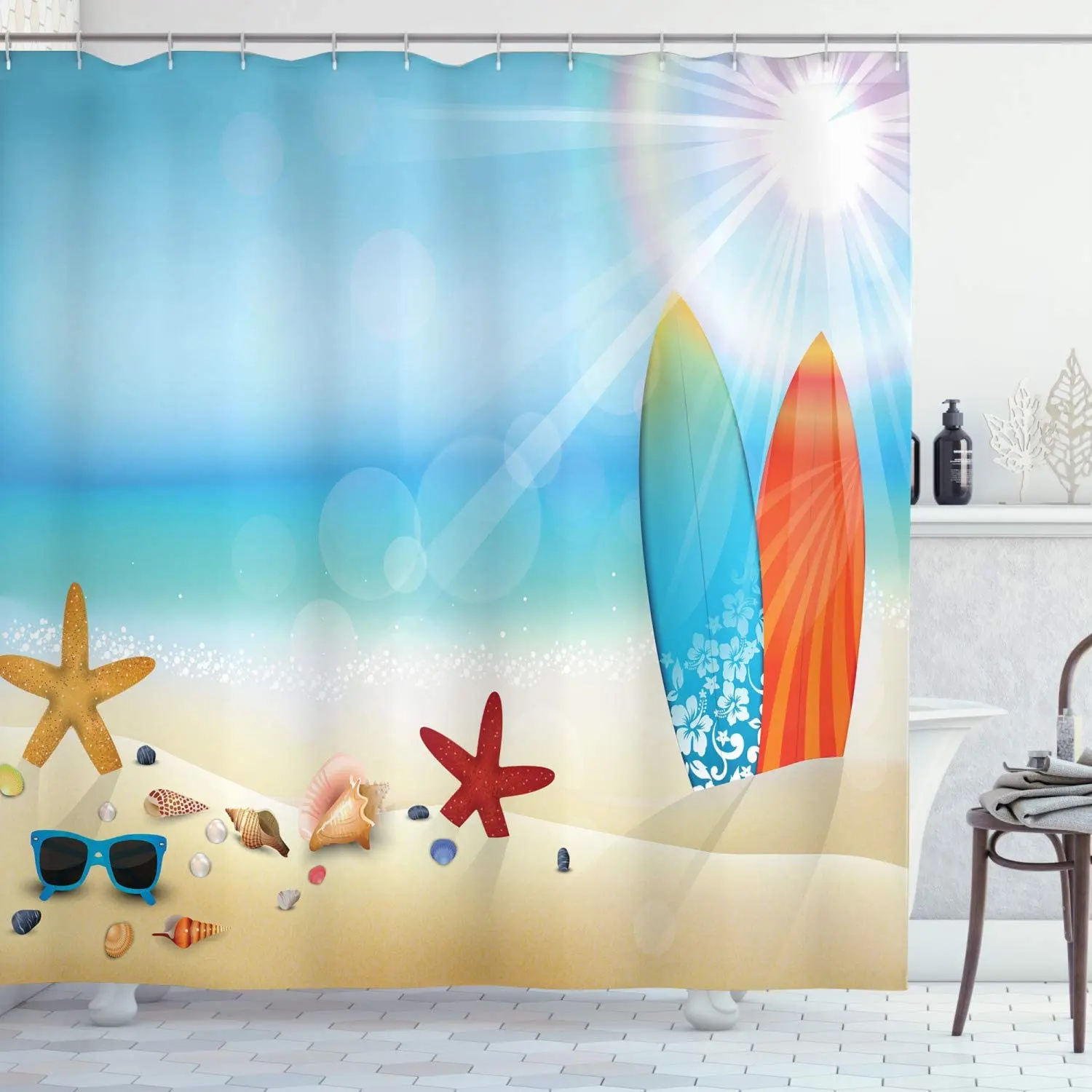 

Ракушки, занавески для душа, праздничные тематические солнцезащитные очки, Пляжная летняя доска для серфинга, дневное солнце, ткань, декор д...