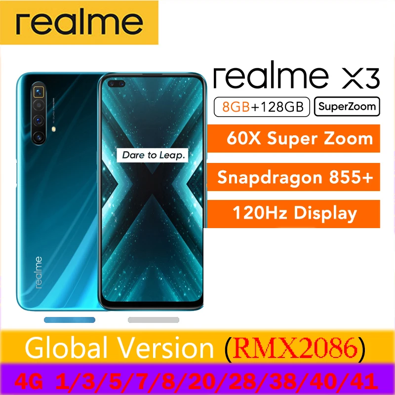 Перейти на Алиэкспресс и купить Смартфон глобальная версия realme X3, 8 ГБ, 128 ГБ, UFS 3,0, зарядное устройство 30 Вт, 60X, супер зум, Snapdragon 855 + 120 Гц, дисплей