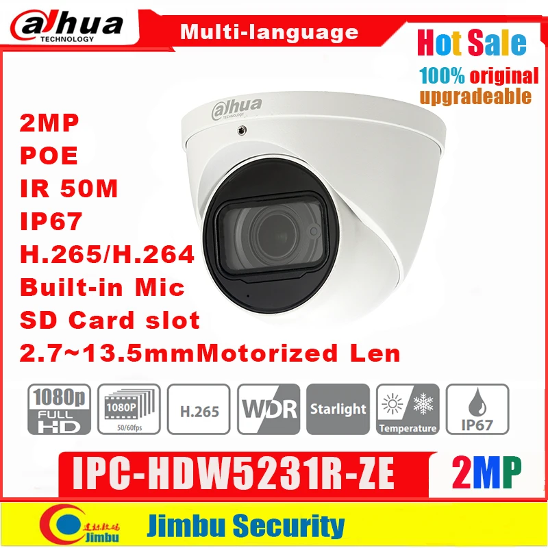 

Dahua IP camera 4K IPC-HDW5231R-ZE 2MP WDR IR50m Eyeball IP67 POE 2.7mm ~13.5mm motorized lens Built-in Mic Micro SD slot 128GB