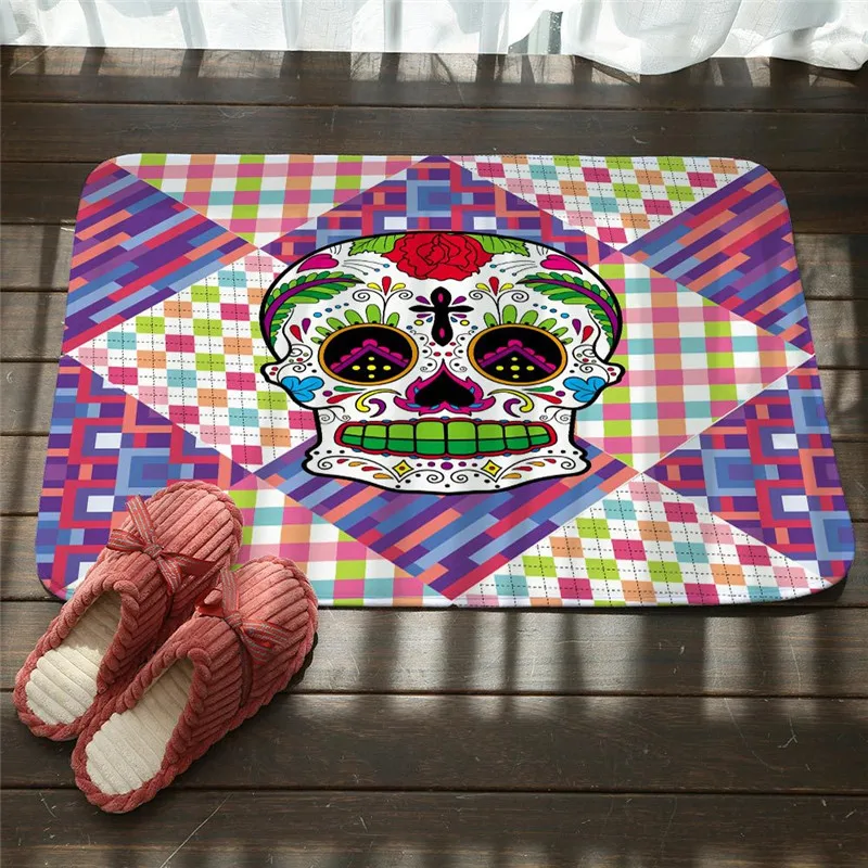 Противоскользящий коврик с изображением цветов черепа девушки дверной мандала
