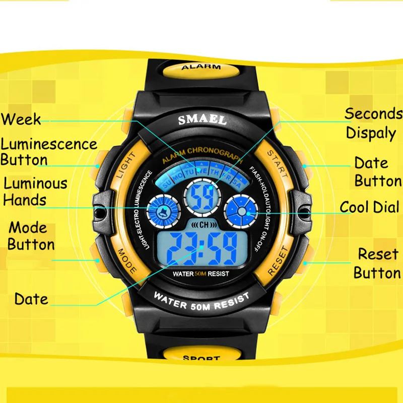 New Fashion Brand Smael Watches Led Digital Child Watch Student Sport 50M Waterproof Alarm Clock erkek kol saati | Наручные часы