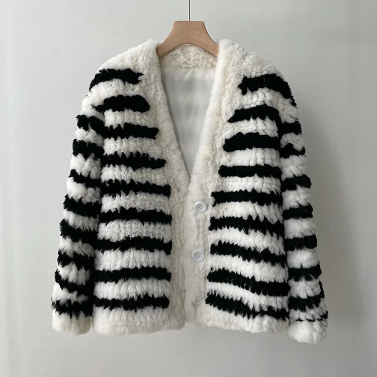 Шерстяной вязаный кардиган Haining из шерсти кролика Рекс в полоску шерстяное