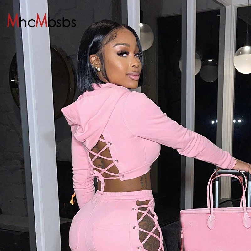 

Two Piece Set Tracksuits Outfits Women Sexy Lace Up Hoodies Sweatshirt Crop Top+Joggers Hollow Out Pants 2021 Autumn Wholesale