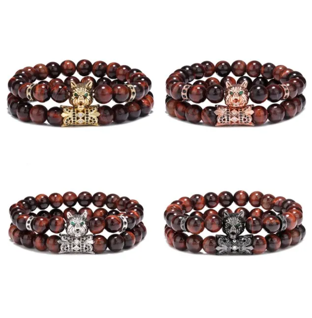 

2pcs/lot 8mm wolf gold silver copper cz zircon cubic zirconia beads bohemian Bracelet agate Onyx Stone Bangles 5g33