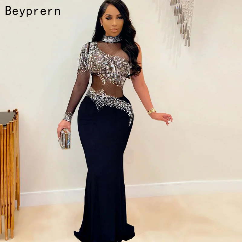 

Beyprern Beautiful Sheer Mesh Patchwork Crystal Maxi Dress Sparkle See-Through Rhinestone Party Dress Gowns Chirstamas Outfits