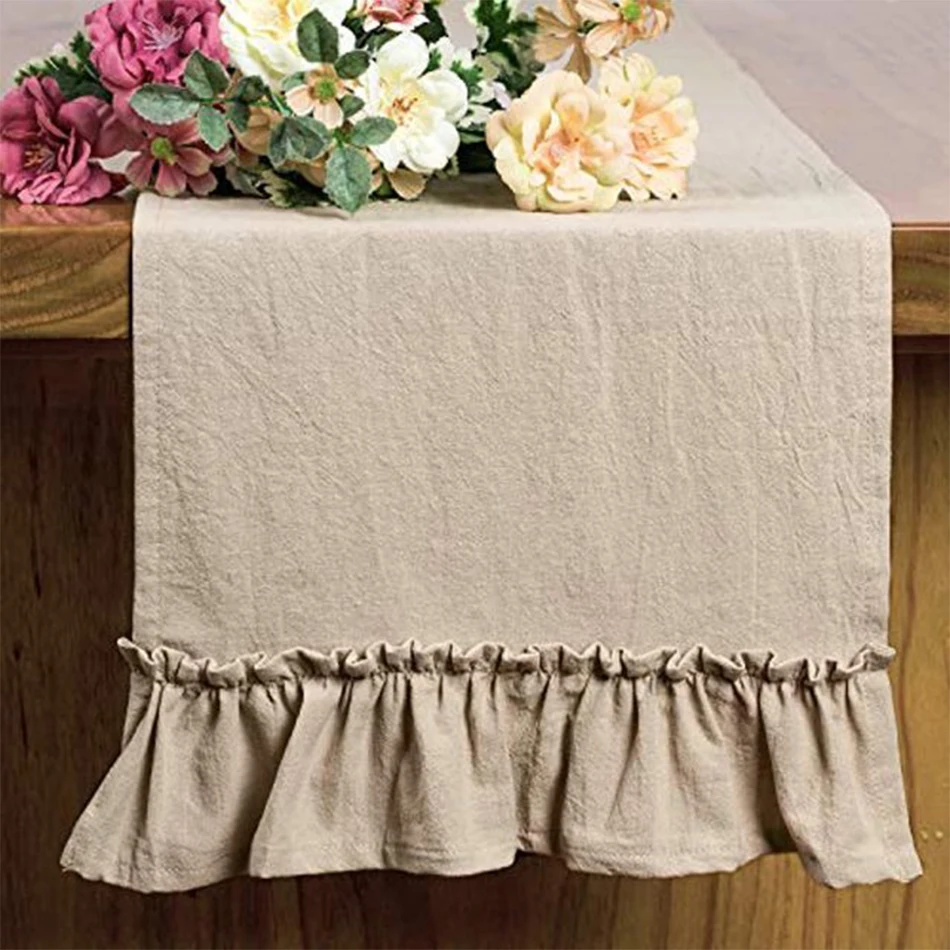 Cotton Ruffles Table Runner Event Party Supplies Fabric Decor Romantic Solid Colour Placemat for Holiday Wedding Christmas Doily