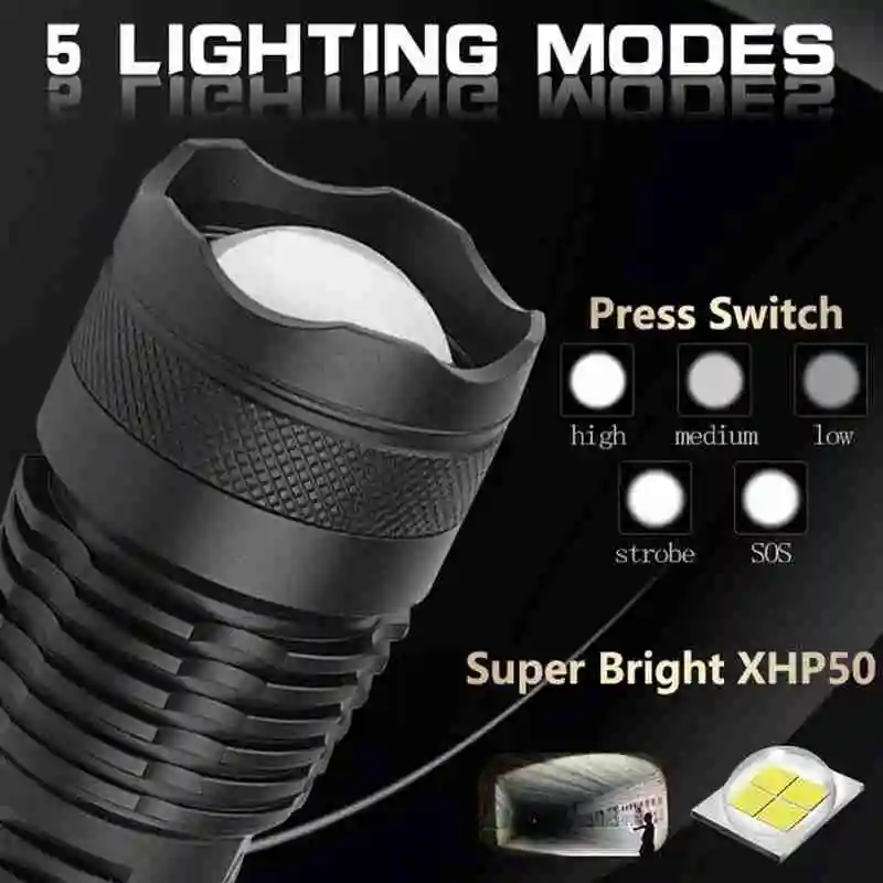 

XHP50 Retractable Zoom LED Flashlight High-power Outdoor Outdoor Flashlight Light Lighting 5 Charging USB Modes Glare Work B9M7