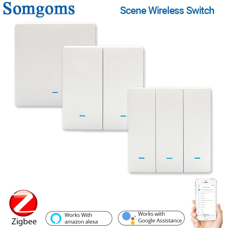 

Somgoms ZigBee Battery Switch, Scene Panel Switch One Button Automation Working With Tuya　ZigBee Hub, One-Click Linkage