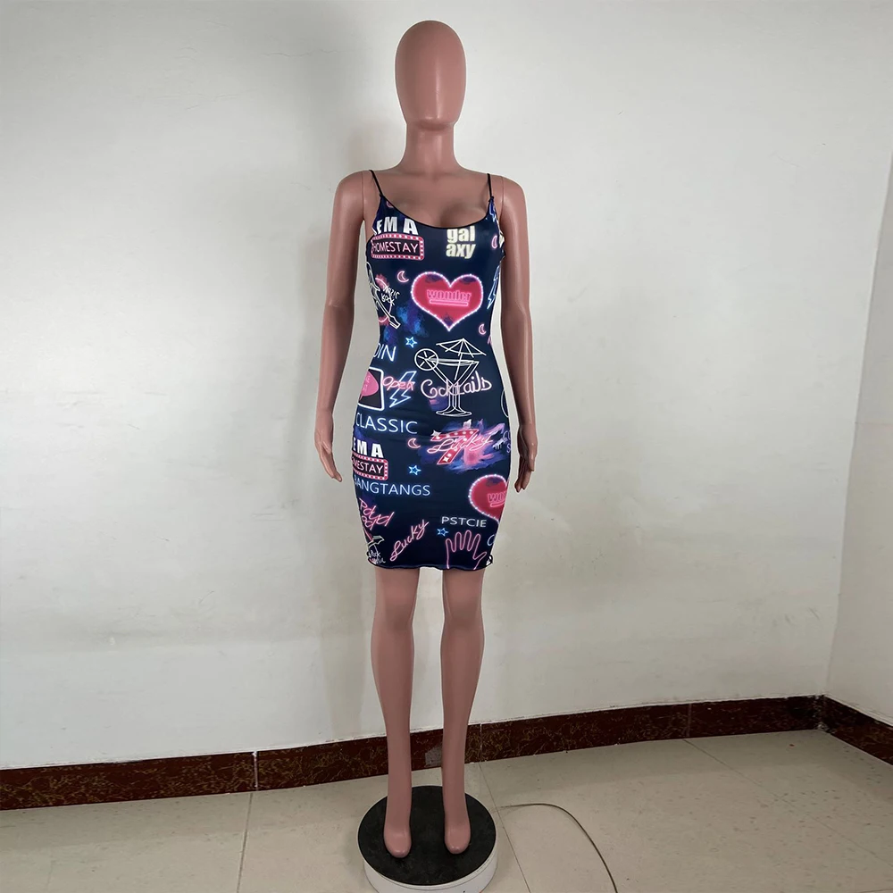 

Aesthetic Print Spaghetti Strap Bandage Dress Women Sexy Wrap Chest Sleeveless Sheath Dress Streetwear Backless Party Mini Dress