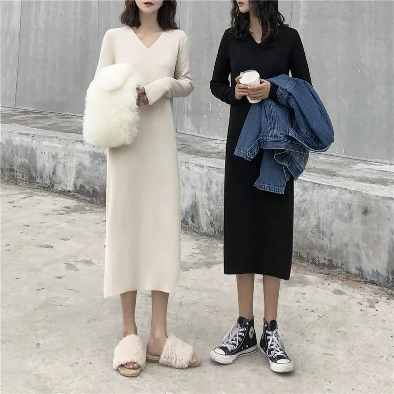 Негабаритный корейский вязаный длинный v-образный Вырез Свободный Боковой