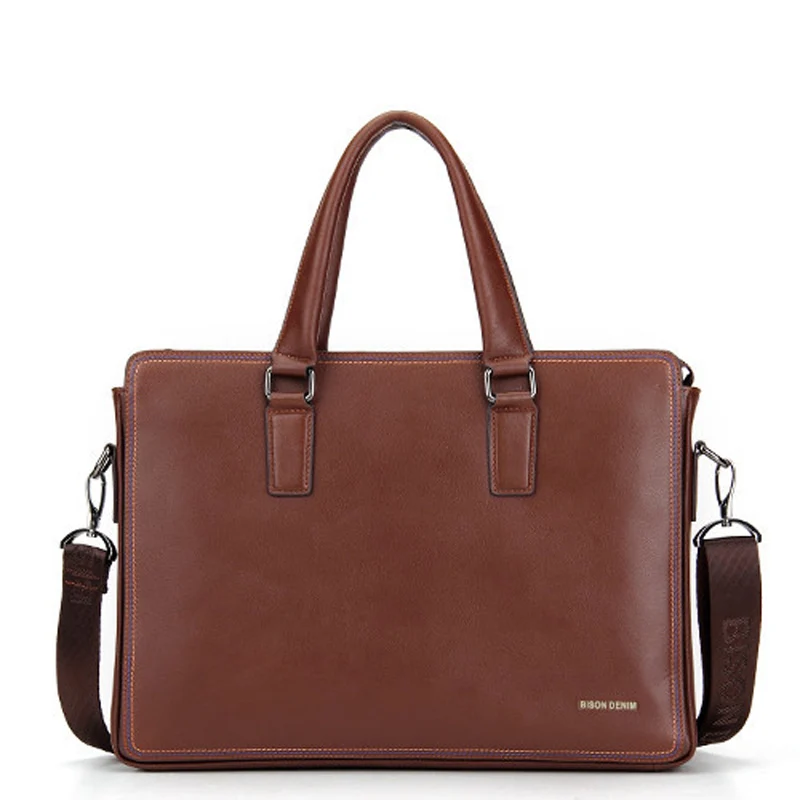 BISON DENIM Luxury famous brand handbag shoulder bags business men briefcase laptop bolsos men's travel bags genuine leather bag