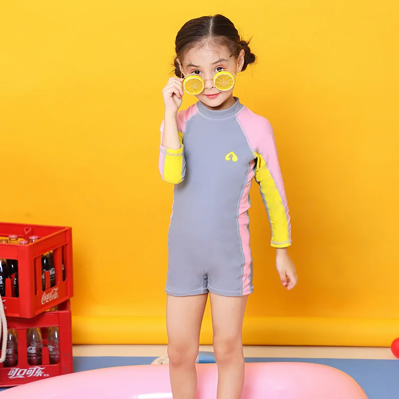 

Girls One Piece Swimsuit Cute Long Sleeve Baby Swimwear Kids Bathing Suit Toddler Child Sun Protection Surf Suit with Swim Cap