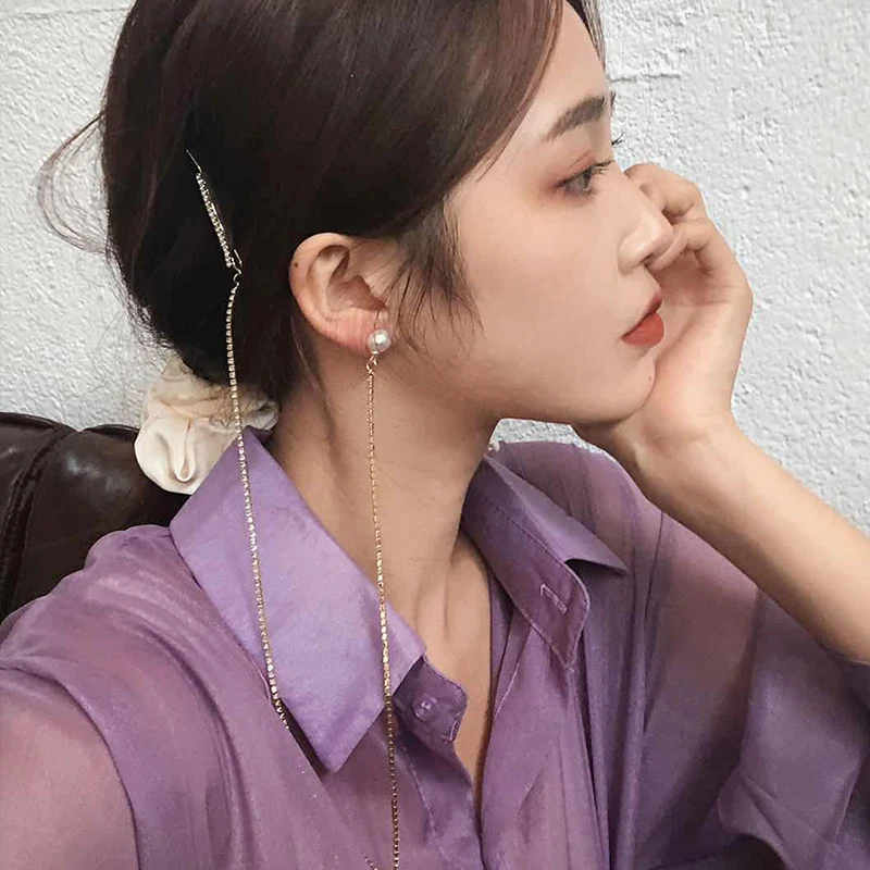 

Super Flash Barrettes One-Piece Tassel Earrings Long Elegant Ear Chain Asymmetric Ear Studs Pearl Earrings