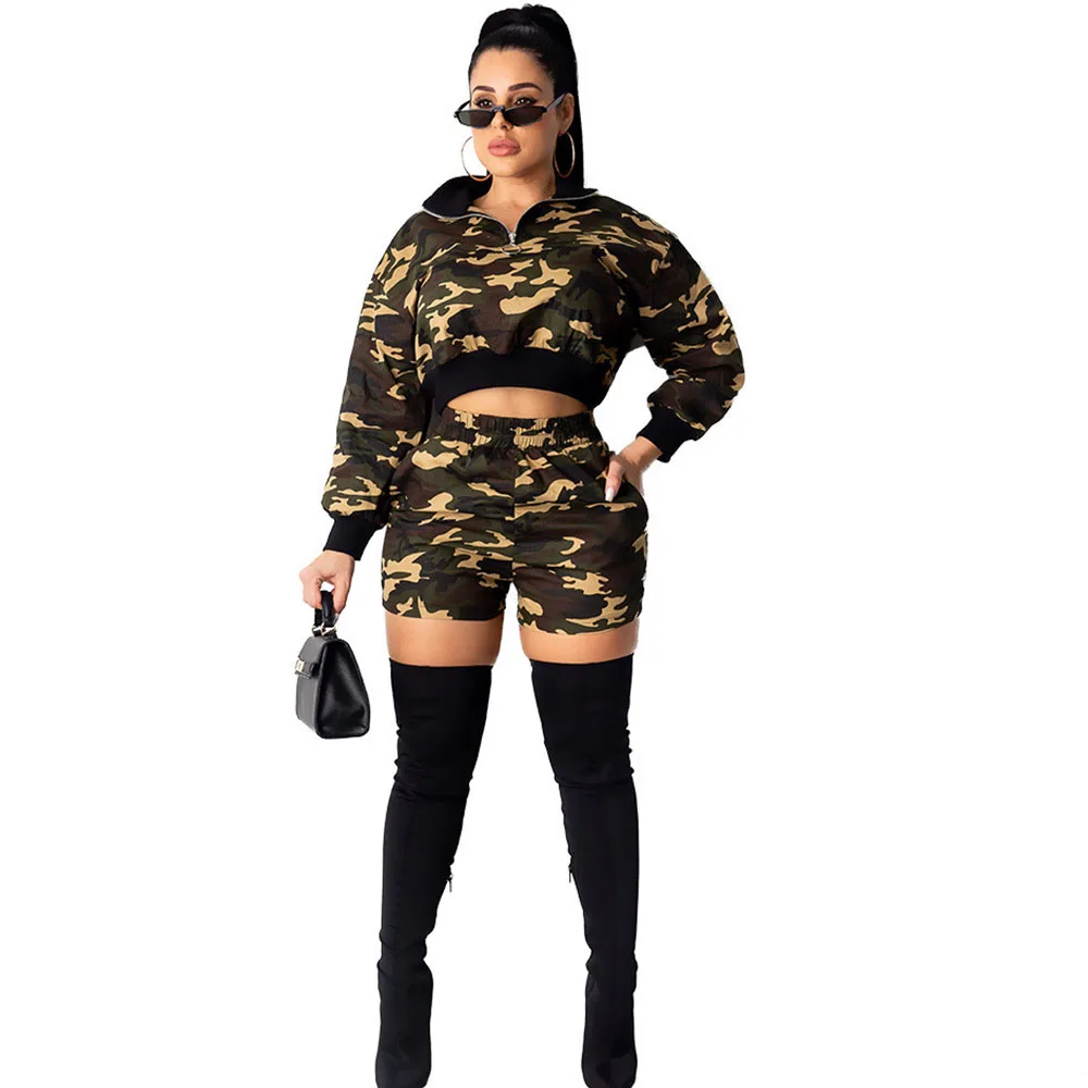 Сексуальный Камуфляжный Женский комплект 2 шт. осенняя зимняя одежда укороченный