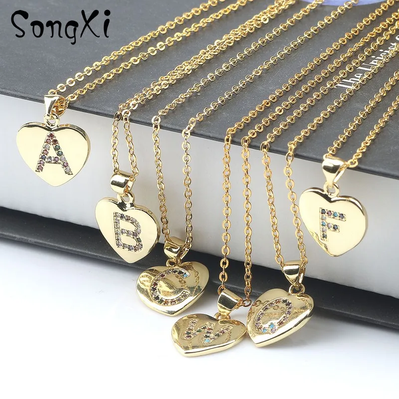 Women Girls Initial Letter Heart Shape Necklace Gold Color 26 Letters Necklaces Pendants Copper CZ Alphabet Jewelry | Украшения и