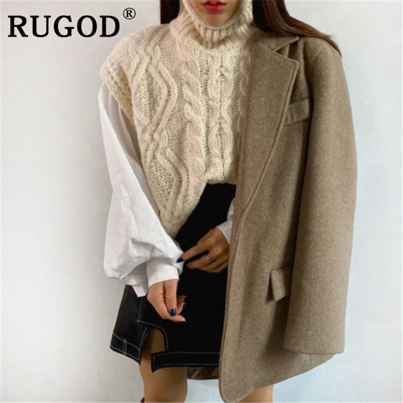RUGOD корейский шик Однотонный свитер жилет модный вязанный водолазка майка