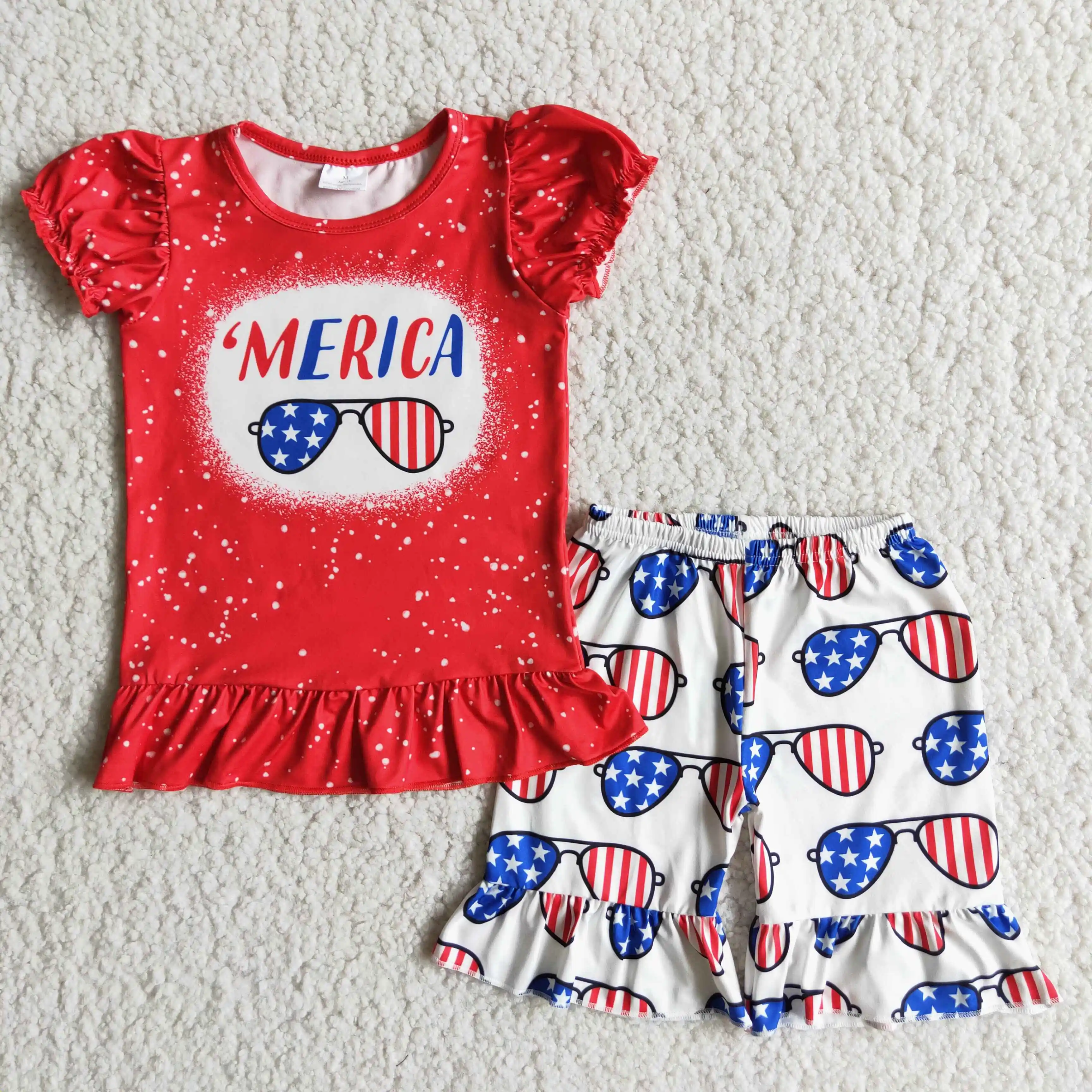 

USA July Fourth Baby Girls Outfits Toddlers Bubble Sleeves Top Sunglasses Shorts Kids Clothing Children Boutique Clothes Sets