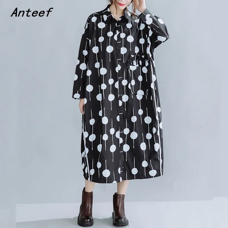 

long sleeve oversized black cotton vintage polka dot dresses for women casual loose autumn shirt dress elegant clothing 2022
