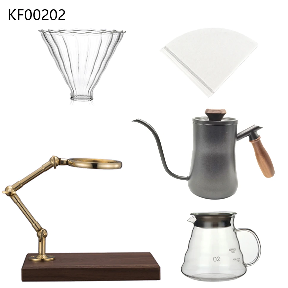 

2021 New Coffee Dripper Set With Gooseneck Pot Glass Funnel Filter Paper Black Walnut Base Bracket And Glass Pot Cloud Shape