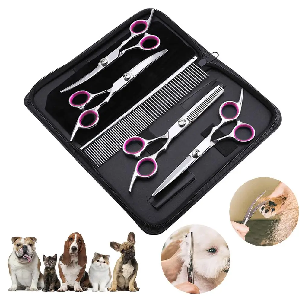 

5Pcs Pet Grooming Scissor Set Pet Dog Cat Stainless Steel Straight Thinning Curved Pet Hair Clipper Shears Kit With Leather Bag