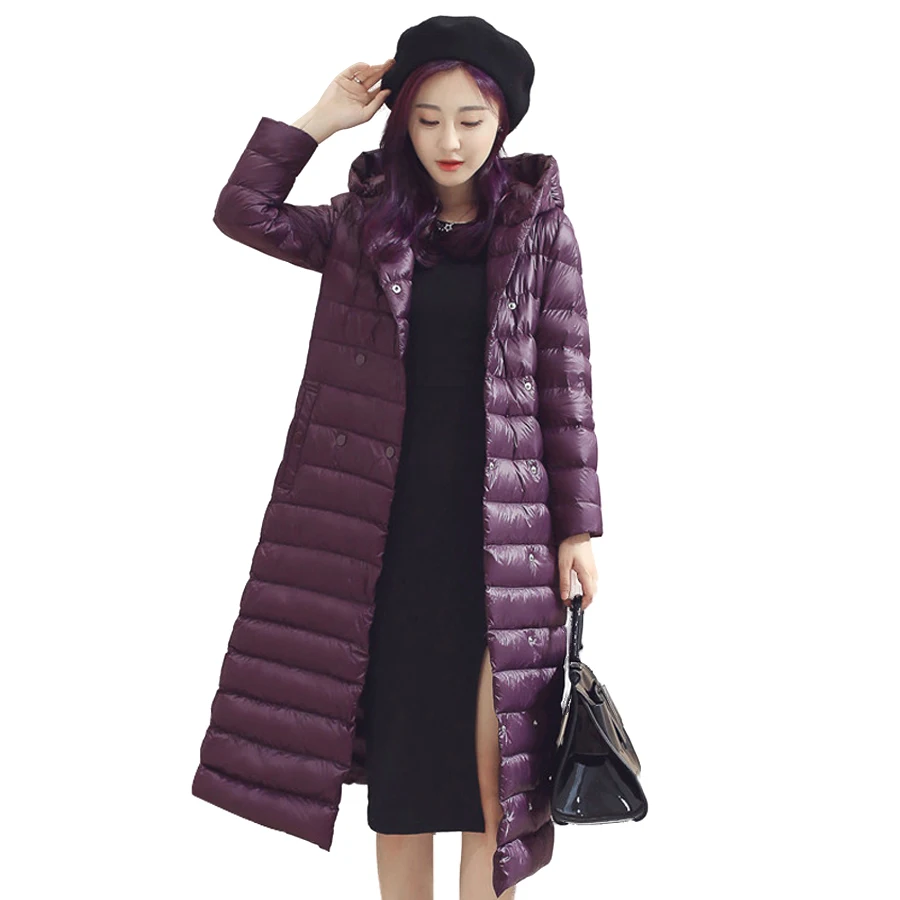 Женский зимний ультра светильник сверхдлинный пуховик на 90% белом утином пуху