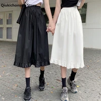 summer women skirts white black japanese style soft girl aesthetic high waist a line kawaii frilly hem ruffle long midi skirt