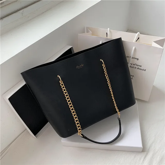 Black Pu Leather Shoulder Bags for Women Handbag Chain Design Large Capacity Tote Bag Luxury Shopper Hand Bag Female Totes New 1