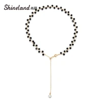 shineland 2021 new bohemian simulated pearl choker necklace fashion luxury black crystal glass beads pendant for women jewelry
