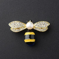 pearl gold crystal bee brooch for women feather pin brooch