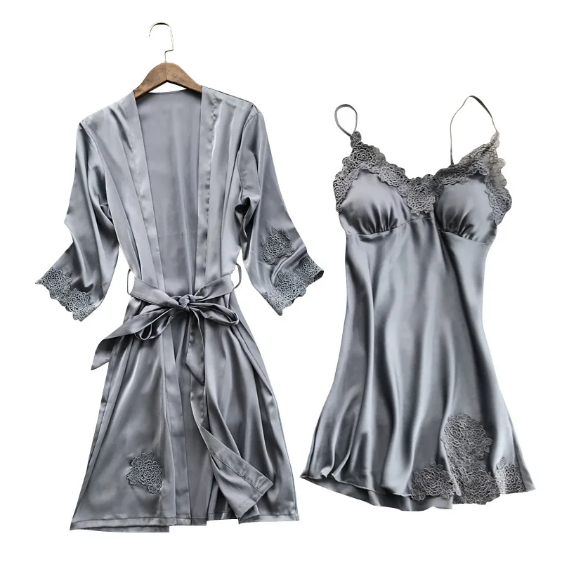 

Pajamas women spring and autumn two-piece suit with chest pad sexy sling silk summer thin ice silk nightdress set