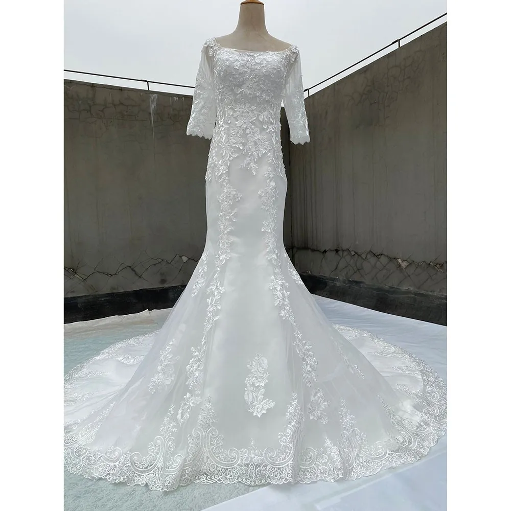 

Half Sleeve Mermaid Wedding Dress 2021 New Summer O-neck Small Train Lace Up Trumpet Gown Princess Luxury Wedding Gown