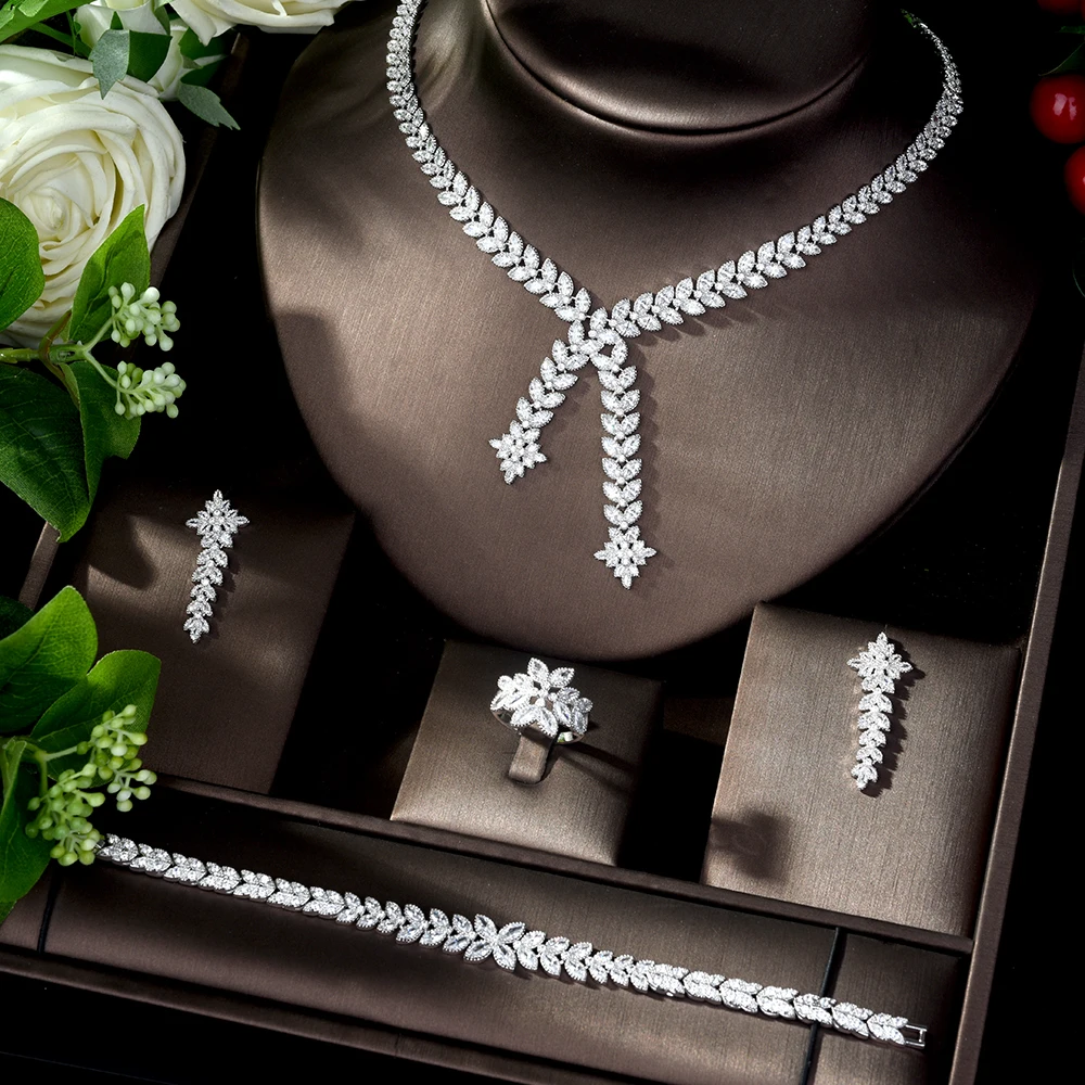 HIBRIDE Leaf Design Bridal Jewelry Set Wedding Accessories Shinning Cubic Zinconia  Jewelry Set for Women collier mariage N-1110