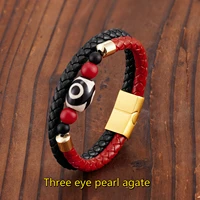 2021 new 3 eyes dzi beads natural agate two color fashion charm jewelry women bracelet 316l stainless steel leather cord bracele