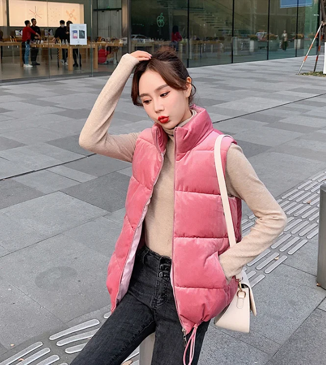 

Autumn Winter Women's Solid Loose Vest Drawstring Stand Collar Long Vest Jacket Cotton Padded Women's Windproof Warm Waistcoat