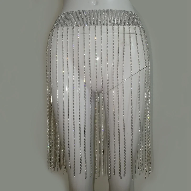 

Shiny Rhinestone Two 2 Piece Set Sexy Hollow Out Halter Bra See Through Diamante Tassel Waist Chain Night Club Two Piece Sets
