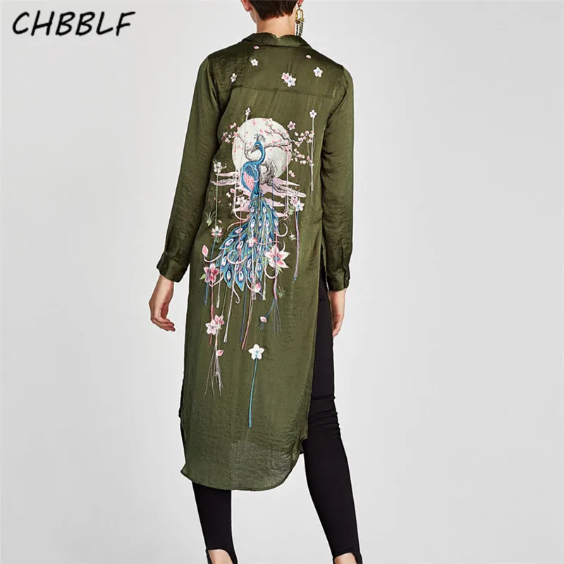 CHBBLF Женская Длинная блузка с вышивкой сзади и длинным рукавом рубашка разрезом