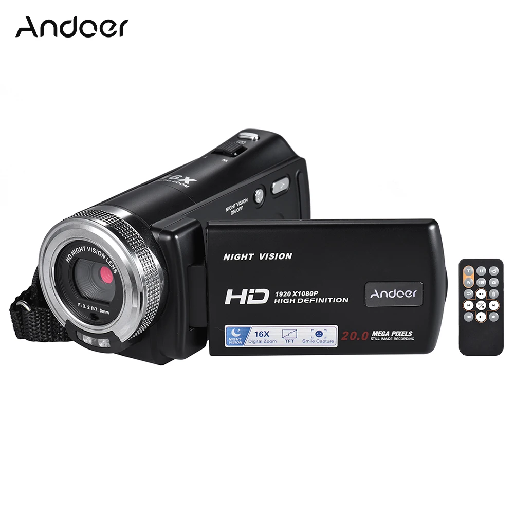

Видеокамера Andoer 1080P Full HD Профессиональная с ЖК-экраном 3,0 дюйма и функцией ночного видения